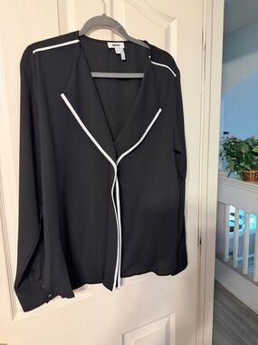DKNY Black Blouse with White Piping Accent